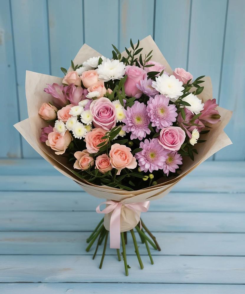 Букет цветов из: Хризантемы, Розы и Альстромерии в Новое Грешино