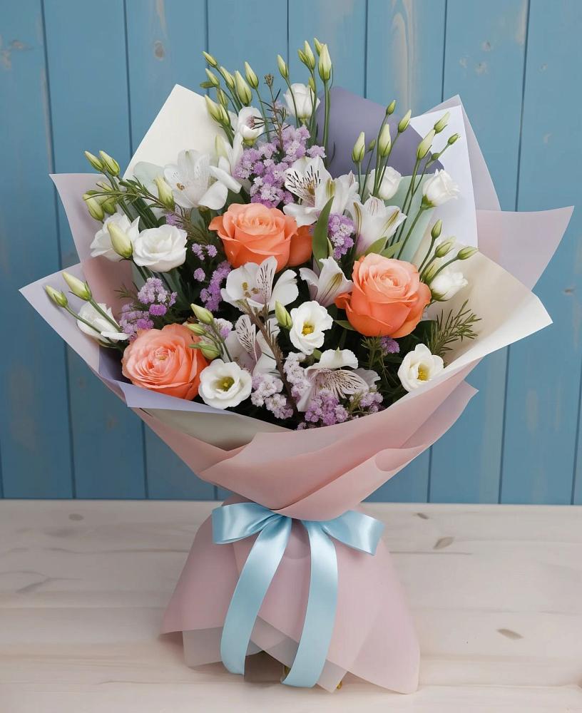 Букет цветов из: Лизиантусы, Розы, Альстромерии и Гипсофила в Новое Грешино