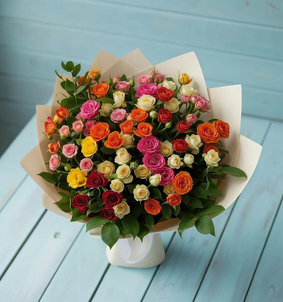 Букет Микс из разноцветных кустовых роз в Новое Грешино