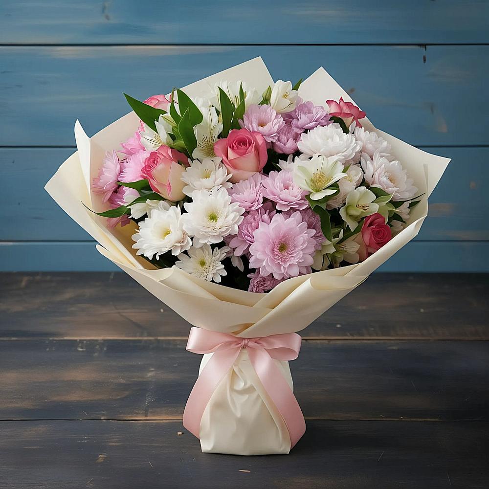 Букет цветов из: Хризантемы, Альстромерии и Розы в Новое Грешино